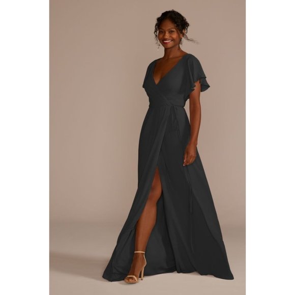 David's Bridal Black Flowy Wrap Dress - Classic Elegant - Picture 1 of 12